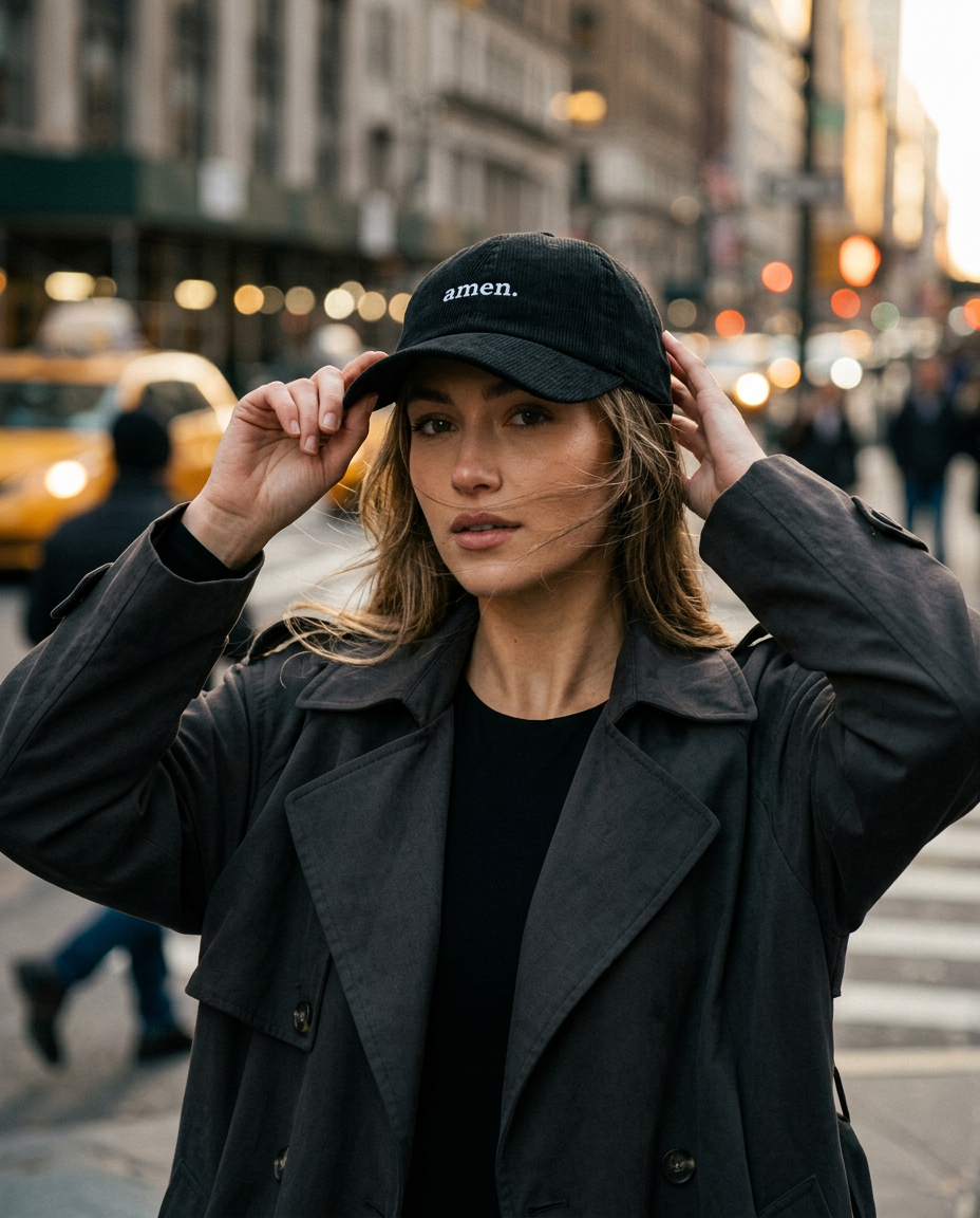 Woman wearing the black amen. corduroy cap on a New York City street